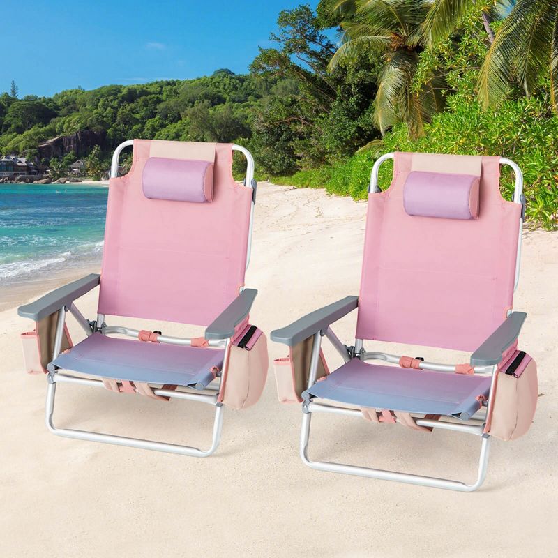 Costway 4-Pack Folding Backpack Beach Chair 5-Position Outdoor Reclining Chairs with Pillow Pink/Yellow/Blue/Dark Blue, 2 of 10