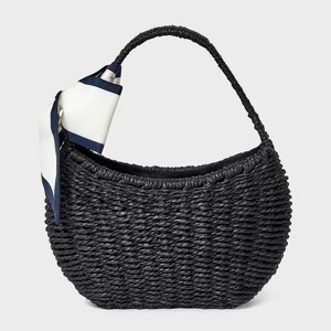 Straw Mini Bag with Bow - A New Day™ Black: Woven Paper Straw, Structured Shoulder Handbag, Single Handle, Solid Pattern - 1 of 4