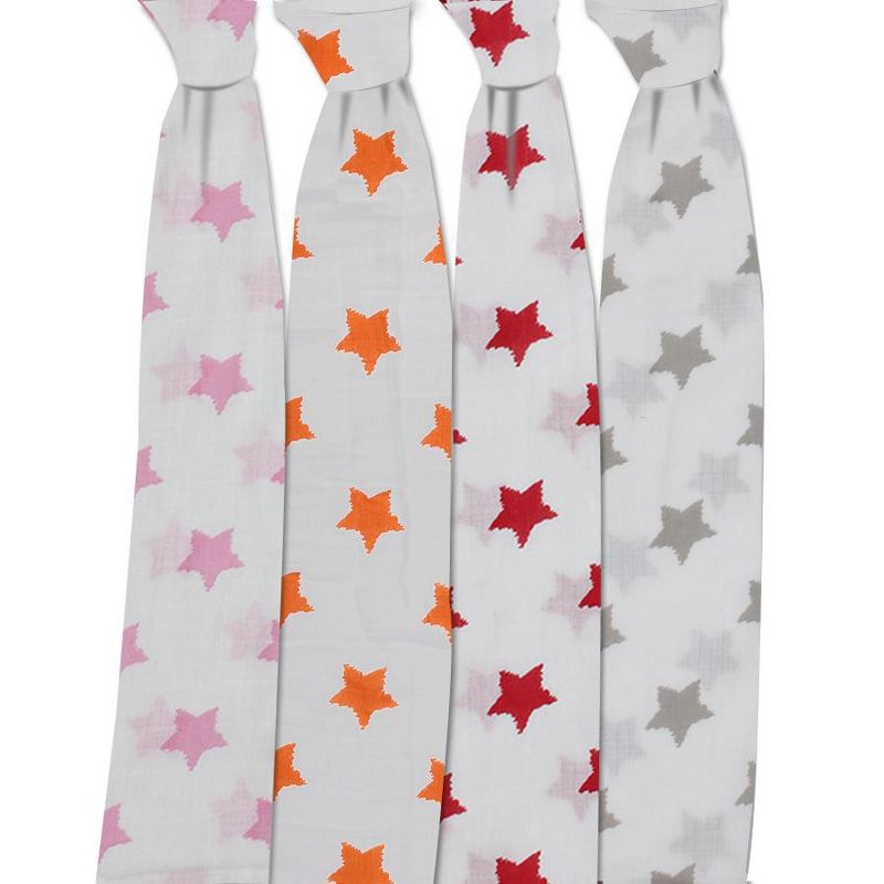 Bacati - Stars Girls Swaddling Muslin Blankets of 4 (Pink, Orange,Red,Gray), 3 of 6