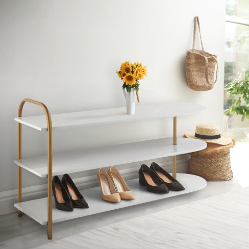 Happimess Modern 24 9-pair 3-tier Iron Curved Decker Shoe Rack, White/gold  : Target