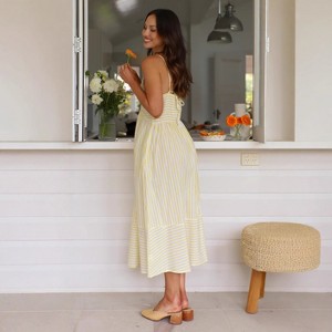 Women Striped Spaghetti Strap Midi Dress Keyhole Cutout Elastic Waist Casual  Dresses Light Yellow S : Target