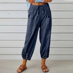 Womens Casual Loose Fit High Waist Button Linen Wide Leg Pants - 1 of 4