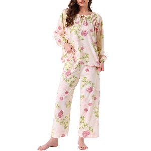 cheibear Womens Pajamas Set Long Sleeve Floral Pullover Tie Front Wide Leg 2 Piece Loungewear Small Pink Floral - 1 of 4