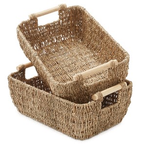 Casafield Water Hyacinth Seagrass Oval Storage Basket Sets with Wooden Handles, Woven Nesting Bin Organizers - 1 of 4
