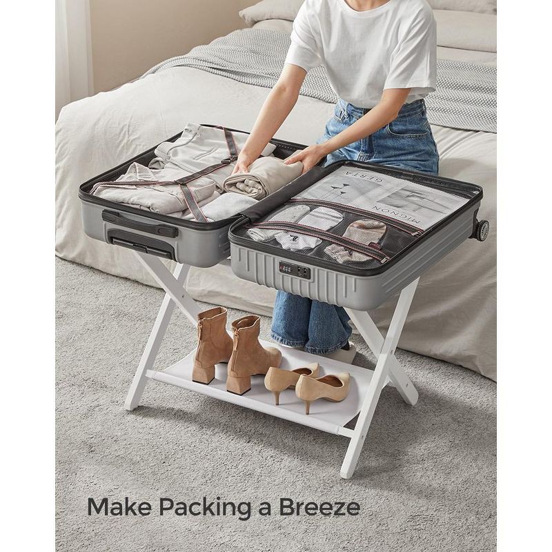 SONGMICS Bamboo Luggage Rack Foldable Suitcase Stand with Fabric Storage Shelf, 1 of 7