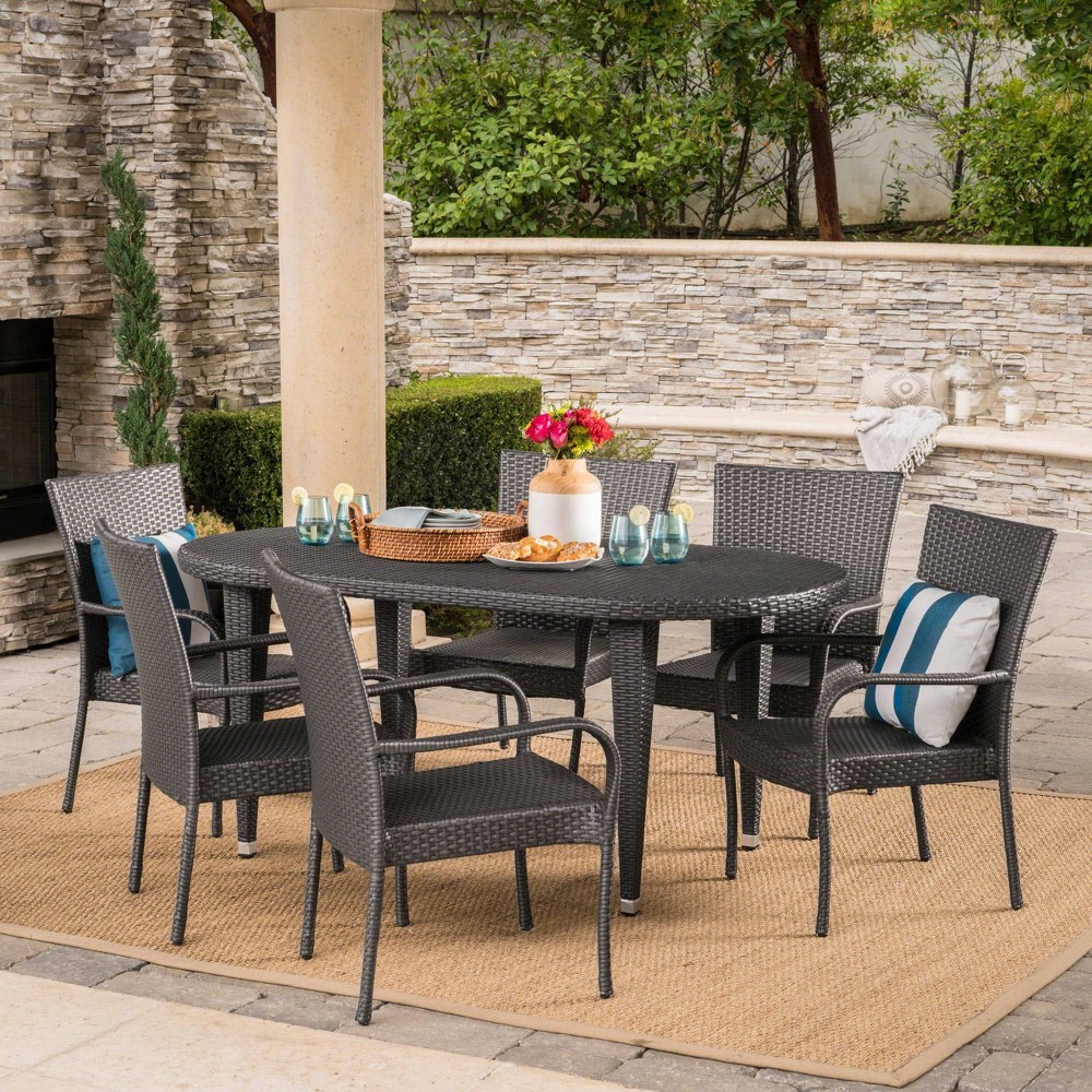 Photos - Garden Furniture Sophia 7pc Wicker Dining Set - Gray - Christopher Knight Home