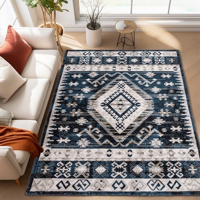 Vintage Bohemian Persian Area Rug 5x7 ¨C Washable Non-Slip Carpet for Living Room, Bedroom, Kitchen, Blue/Black Geometric - Nertpow