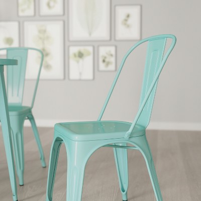 Mint Green Metal Armless Stacking Dining Chair with Slat Back