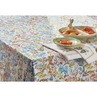 tagltd 84" x 60" Meadow Tablecloth Cotton Table Topper With Hand Screen Printed Floral Design For Dining Table Decor