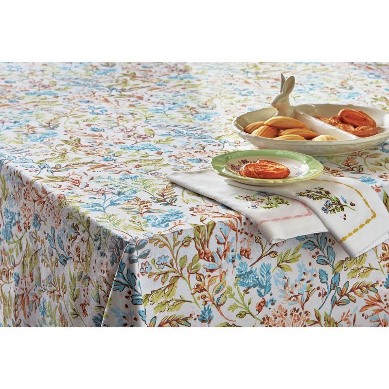tagltd 84" x 60" Meadow Tablecloth Cotton Table Topper With Hand Screen Printed Floral Design For Dining Table Decor, 1 of 4