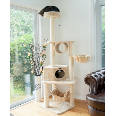 Beige Multi-Level Faux Fur Cat Tree with Sisal Posts