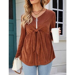 Women's V Neck Blouse Half Zip up Casual Tunic Shirts Babydoll Chest Tie Knot Shirts Ruched Flowy Hem Tunic Tops - 1 of 4