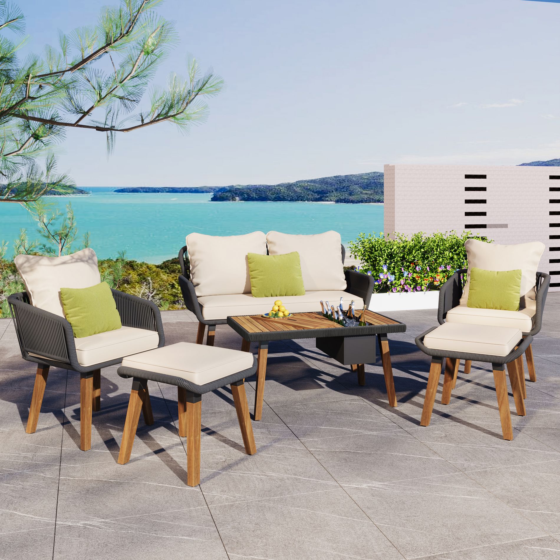 6-Piece Rope Patio Conversation Set with 2 Stools, Outdoor Furniture with Acacia Wood Bar Table with Ice Bucket, Beige 4A - ModernLuxe
