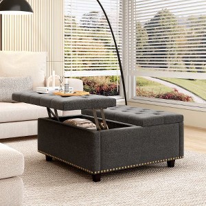 PAGED 32.2" PU Leather Oversized Storage Bench, Mid-Century Square Ottoman with Storage, Tufted Button Storage Ottoman, Work as a Table - 1 of 4