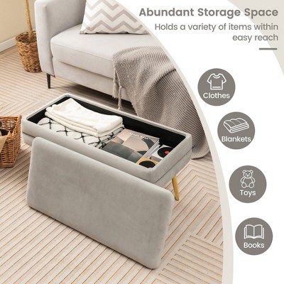 Grey Velvet Upholstered Storage Bench with Gold Metal Legs