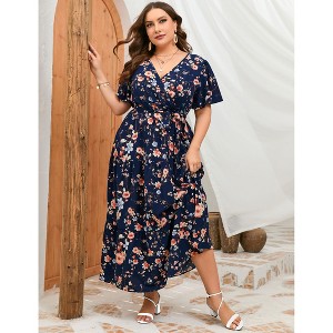 Plus Size Women's Flowy Tiered Maxi Dress - V-Neck, Short Sleeve & Waist Tie with Floral Print - 1 of 4