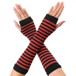 Allegra K Women's Stripe Print Knitted Fingerless Elbow Length Gloves Warmers One Size 1 Pair - 1 of 4