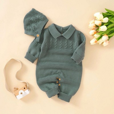 MyKids-Usa Baby Solid Color Crochet Knit Design Lapel Knit Jumpsuit