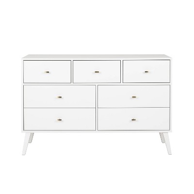 White Mid-Century Modern Double Dresser with Brass Knobs