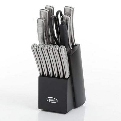 Oster Wellisford Stainless Steel Kitchen Cutlery Set with Black Wood Block Holder and Knife Sharpener for Home Chef Cooking Cutting, 14 Piece (Silver)