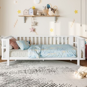 ORRD Children's double wooden platform bed with railings, a low iron double bed with railings, suitable for girls and boys, (Twin,White) - 1 of 4