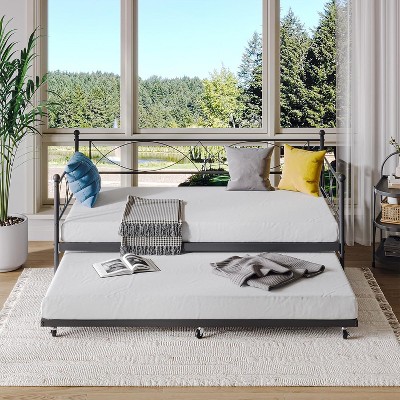 Twin Daybed with Trundle, Metal Daybed and Trundle Set, Sofa Bed Frame with Steel Slat Support, Multifunctional Daybed for Bedroom, Living Room