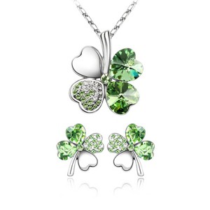 Gold Plated Crystal Four Leaf Clover Pendant Necklace and Earrings Jewelry Set - 1 of 1