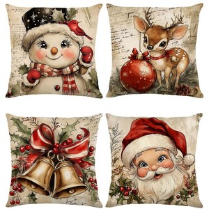Christmas Throw Pillow Covers 18x18 Set of 4,Linen Pillow Cases Vintage Snowman Santa Deer - 1 of 4