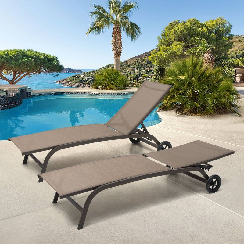 2pc Outdoor Adjustable Chaise Lounge Chairs with Wheels - Brown - Crestlive Products, 3 of 16
