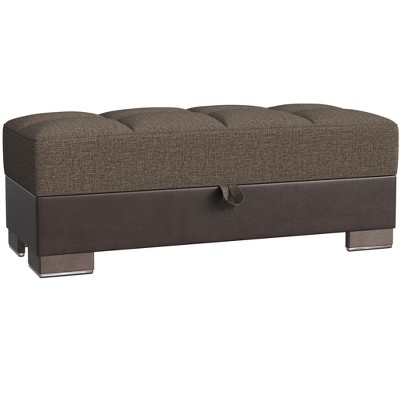 HomeRoots 50" Brown and Black Upholstered Fabric And Faux Leather Tufted Storage Ottoman