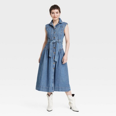 Women's Tie-Waist Midi A-Line Denim Dress - Universal Thread™ Indigo