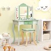 Costzon Kids Vanity Set, 2-in-1 Makeup Table & Chair with Tri-fold Mirror, Toddler Vanity with Drawer & Accessories, Pretend Play Set (Green) - 2 of 4