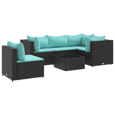vidaXL Patio Lounge Set with Cushions Sectional Sofa Garden Backyard Poly Rattan - Black and Blue 3x Corner + 2x Middle + Table