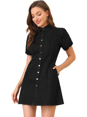 Allegra K Women's Puff Short Sleeve Collared Button Front Mini Denim Dress