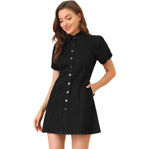Allegra K Women's Puff Short Sleeve Collared Button Front Mini Jean Denim Dress  Black Large : Target