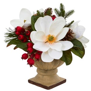 Nearly Natural 15-in Magnolia, Pine and Berries Artificial Arrangement - 1 of 2