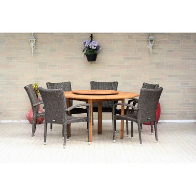 Dunmore 7pc Patio Dining Set with Round Teak Finish Table & Lazy Susan - Amazonia