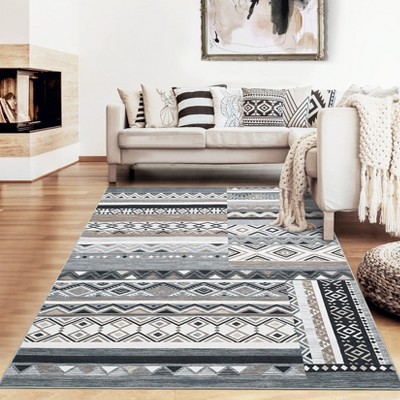 5x7 Geometric Pattern Thin Indoor Rug, Non Slip Washable Low Pile Carpet Mat