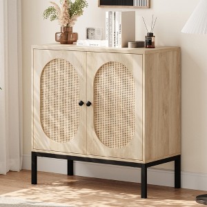 Rattan Buffet Storage Cabinet, Sideboard Cabinet with Adjustable Shelves, Accent Wooden Small Cabinet with 2-Tier Storage - 1 of 4