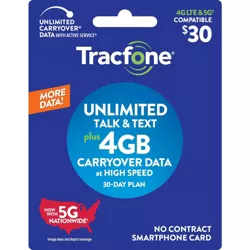 Tracfone Unlimited Talk/Text + 4GB Carryover Data 30-Day Plan Smartphone Card (Email Delivery) - $30
