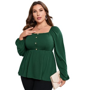 Coolmee Womens Plus Size Peplum Tops Square Neck Puff Long Sleeve Blouses Babydoll Shirts Fall Dressy Casual Clothes - 1 of 4