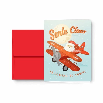 Paper Frenzy Aviator Pilot Santa in an Airplane Christmas Holiday Cards with Red Envelopes - 25 pack