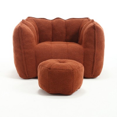 Vynxaria Red+Brown Chenille Square Bean Bag Seats with Footstool for Living Room & Bedroom
