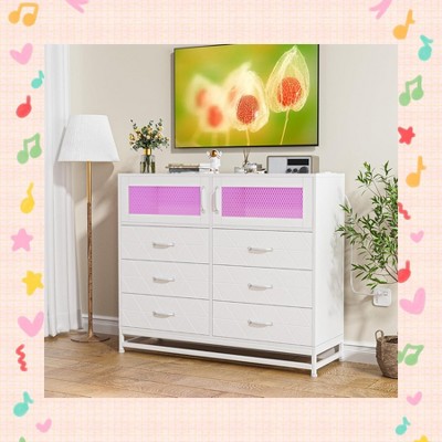 Garvee Modern Dresser for Bedroom with 6 Drawers & 2-Door Storage Cabinet ¨C Multi-Functional TV Stand with LED Lights & Charging Station, Pink