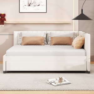 Gulches Full Size Upholstered Daybed with Trundle Sofa Bed Frame No Box Spring Needed, Linen Fabric(Beige) - 1 of 4