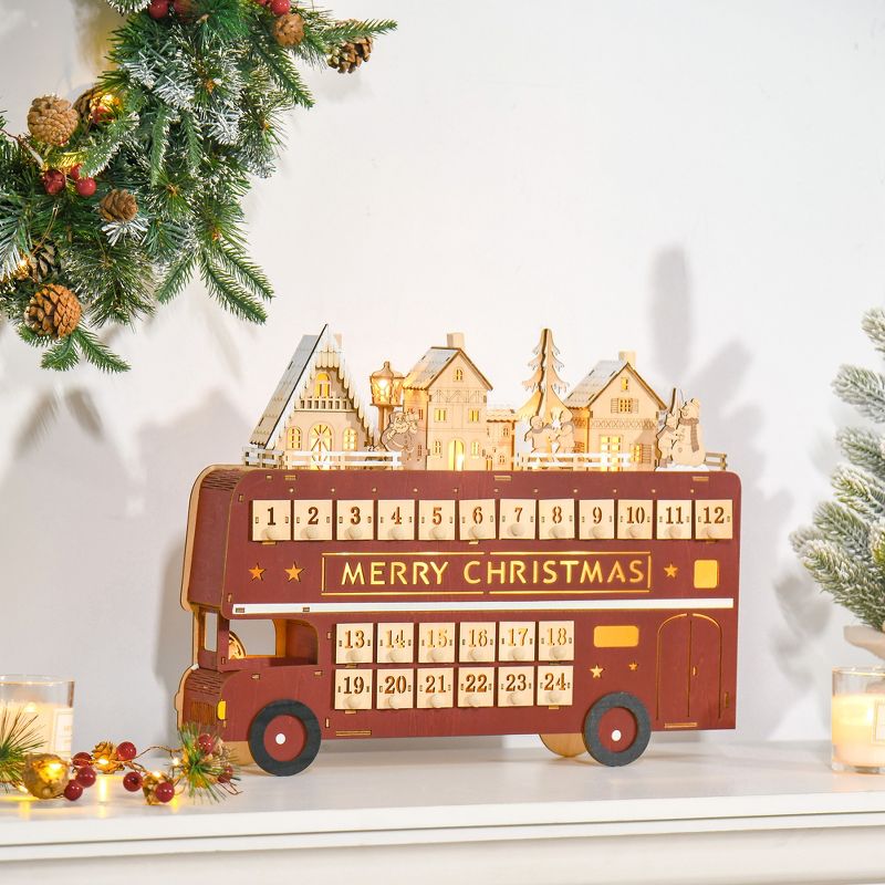 HOMCOM Christmas Advent Calendar Light Up Table Xmas Wooden Bus Holiday Decoration with Countdown Drawer Santa Claus Street House for Kids and Adults, 2 of 7