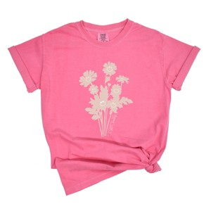 S.W.Smiley Pink Flower Silohuette - Women's Garment Dyed Graphic T-Shirt - 1 of 4