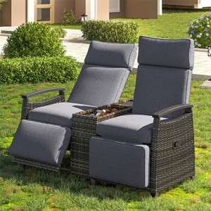 ELJGET Patio Recliner Loveseat Chair Set with Adjustable Backrest and Built-in Storage Table, Brown Cushions - 1 of 4