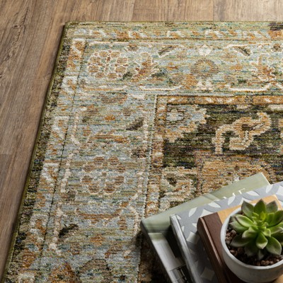 Ivory and Green Synthetic Stain-Resistant Rectangular Area Rug