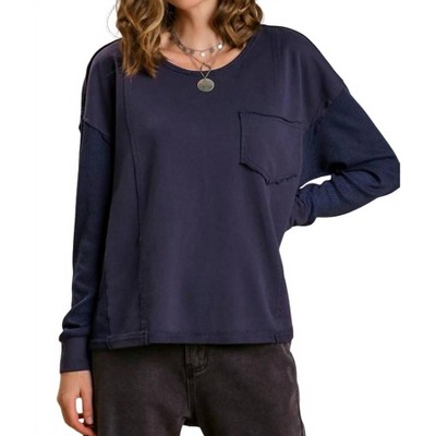 Women's Round Neck Top With Waffle Knit Long Sleeve - umgee